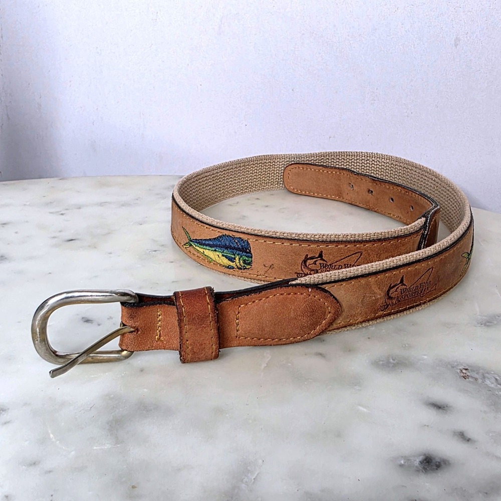 World Wide Sportsman Mens Mahi Mahi Fish Leather Webbing Belt Tan 34 Embrdrd USA